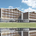 Modern Multi Story Boutique Hotel Building With Glass Facade Green Lawn And Water Reflection