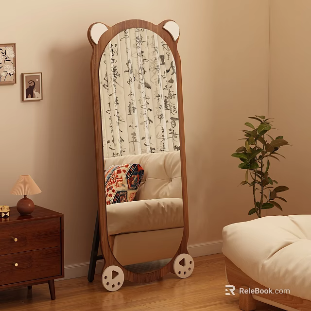 Wooden Frame Floor Mirror With Calligraphy Pattern Beige Sofa Colorful Cushions And Green Plant 3d model 