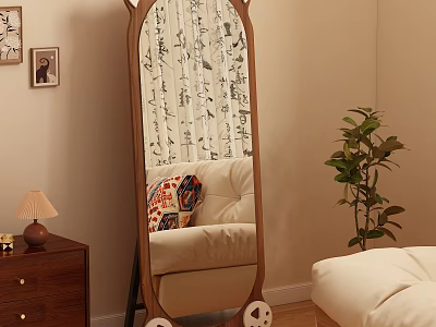 Wooden Frame Floor Mirror With Calligraphy Pattern Beige Sofa Colorful Cushions And Green Plant 3d model