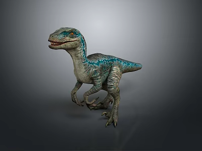 Realistic Standing Velociraptor Dinosaur Model With Blue Green Skin And Orange Eyes 3d model