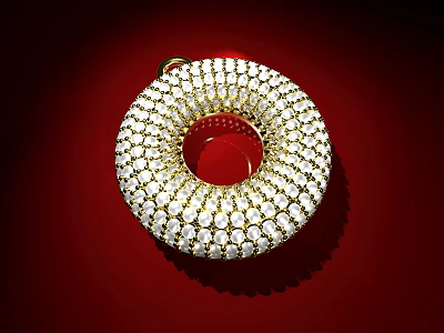 Diamond Encrusted Circular Jewelry Pendant With Red Center And Gold Frame On Red Background 3d model
