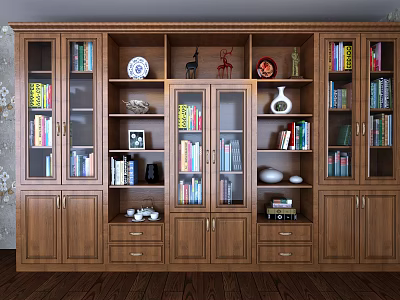 Wooden Bookcase Interior Design With Glass Doors Shelves Books And Decorative Items 3d model