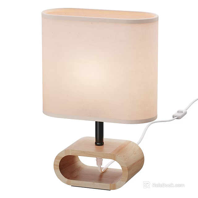 Beige Fabric Shade Table Lamp With Black Stem And Curved Wooden Base 3d model 