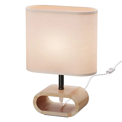 Beige Fabric Shade Table Lamp With Black Stem And Curved Wooden Base 3d model