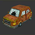 Orange Cartoon Style Worn Car With Broken Windows And Scratched Body