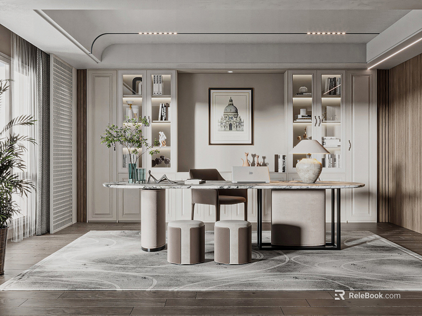 Modern Study Interior With Built in Bookshelves Wooden Desk And Decorative Plant 3d model 