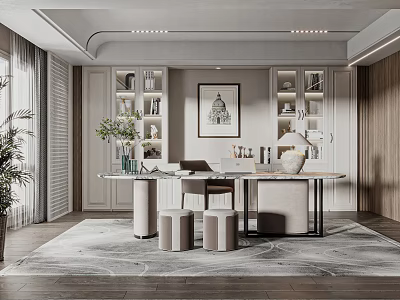 Modern Study Interior With Built in Bookshelves Wooden Desk And Decorative Plant 3d model