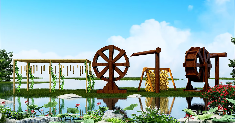 Garden Ornaments Including Wooden Water Wheels Pond With Lotus Flowers Bamboo Fence And Straw Bales 3d model 