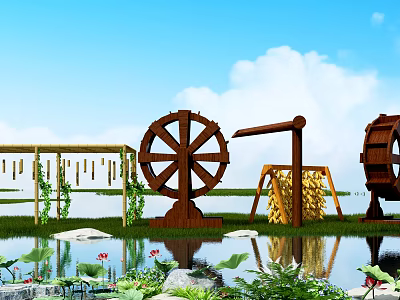 Garden Ornaments Including Wooden Water Wheels Pond With Lotus Flowers Bamboo Fence And Straw Bales 3d model