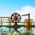 Garden Ornaments Including Wooden Water Wheels Pond With Lotus Flowers Bamboo Fence And Straw Bales