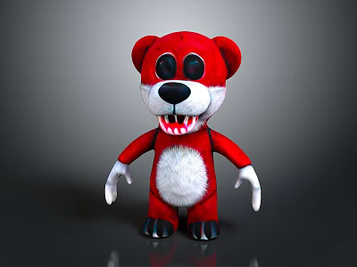 Red Plush Bear Doll With White Belly Black Eyes And Sharp Teeth Design 3d model