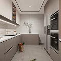 Modern Kitchen Interior With White Countertop Cabinets Sink Faucet Green Plant Refrigerator And Oven