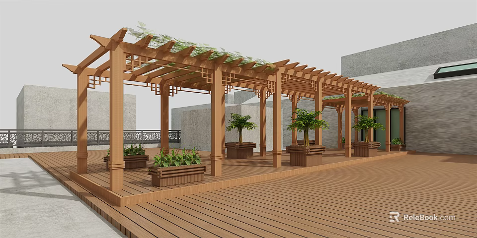 Outdoor Wooden Pergola with Transparent Roof and Planters on Wooden Deck 3d model 