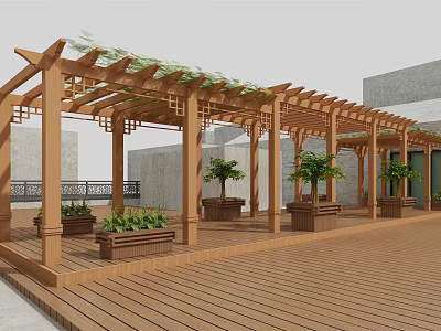 Outdoor Wooden Pergola with Transparent Roof and Planters on Wooden Deck 3d model