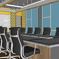 Modern Conference Room Interior Design Featuring Long Table Black Chairs And Yellow Wall Decor