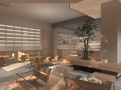 Minimalist Café Interior Design Featuring Wooden Furniture Large Windows Indoor Plant And Cozy Seating 3d model