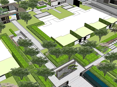 Modern Garden Landscape Design With Geometric Layout Trees Lawns And Pathways 3d model