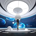 Modern Tech Exhibition Hall With Curved Screen Blue Planet Graphics And Spherical Installation 3d model