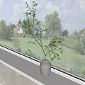 White Striped Vase With Green Branches On Window Sill And Outdoor View