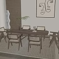 Modern Wooden Dining Table Set With Chairs Bench Decorative Painting And Perforated Screen