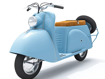 Light Blue Vintage Motorcycle With Orange Seat And Side Spare Tire 3d model