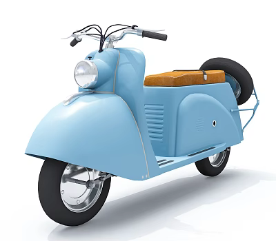 Light Blue Vintage Motorcycle With Orange Seat And Side Spare Tire 3d model