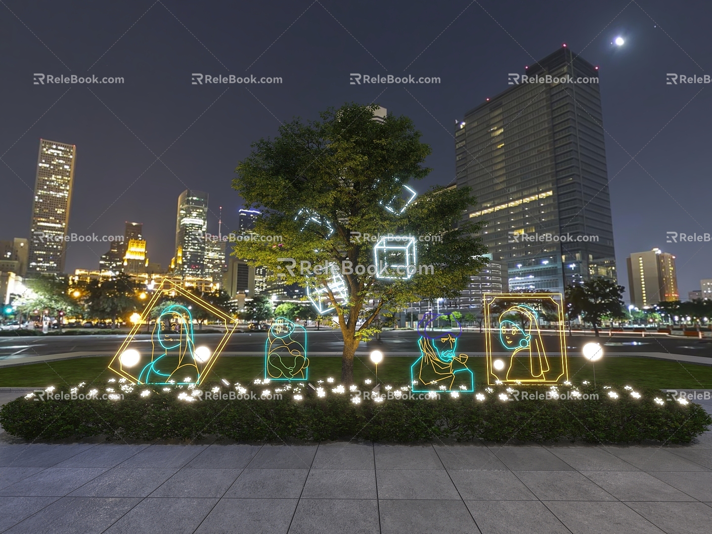 Decorative lights, trees, lawn, neon lights, lighting model