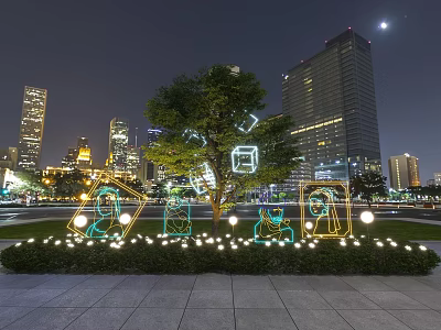 Outdoor Decorative Lights Illuminating Tree And Skyscrapers At Night With Geometric Shapes And Bright Glow 3d model