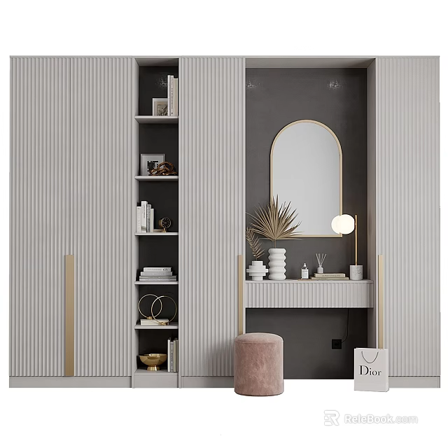 Elegant Modern Entryway Interior Design With Round Mirror Storage Cabinets And Decorative Stool 3d model