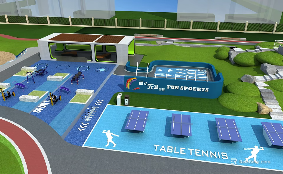 Fun Sports Playground with Table Tennis Tables Blue Sports Area Fitness Equipment and Green Lawn 3d model 