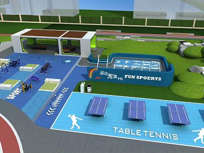 Fun Sports Playground with Table Tennis Tables Blue Sports Area Fitness Equipment and Green Lawn 3d model