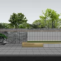 Modern Entrance Gate Design With Stone Wall Green Bushes And Bench