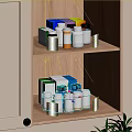 Wooden Storage Cabinet With White Door Glass Shelves Medicine Bottles Boxes And Side Green Plant