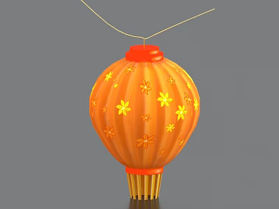 Orange Lantern with Yellow Flower Patterns Red Top and Yellow Tassels 3d model