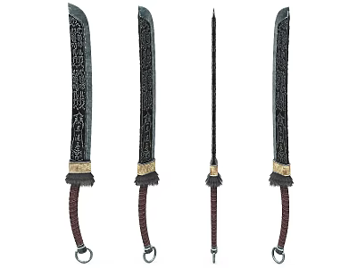 Traditional Ancient Weapons with Carved Patterns Brown Handles and Golden Accents 3d model