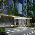 Water Fountain in Serene Urban Park with Tall Trees Modern Buildings and Lush Greenery