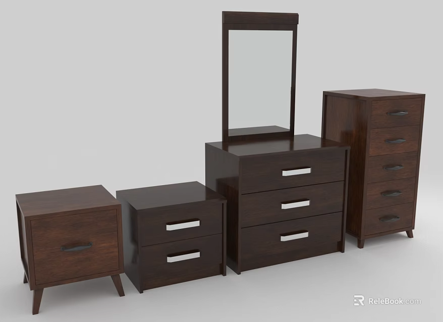 Dark Wooden Bedroom Furniture Set With Dresser Mirror And Drawer Chests 3d model 
