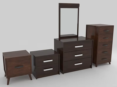 Dark Wooden Bedroom Furniture Set With Dresser Mirror And Drawer Chests 3d model