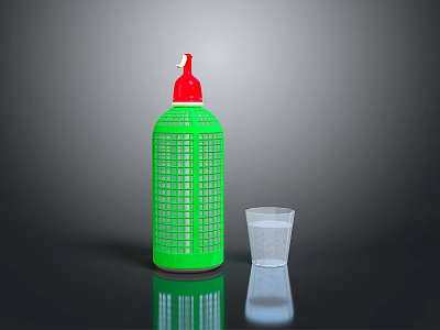 Household Cleaning Product Green Spray Bottle With Red Nozzle And Clear Cup 3d model