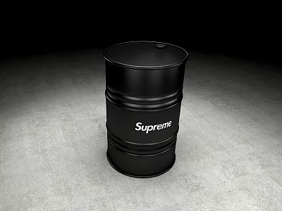 Black Supreme Barrel Standing On Gray Concrete Floor Against Dark Background 3d model