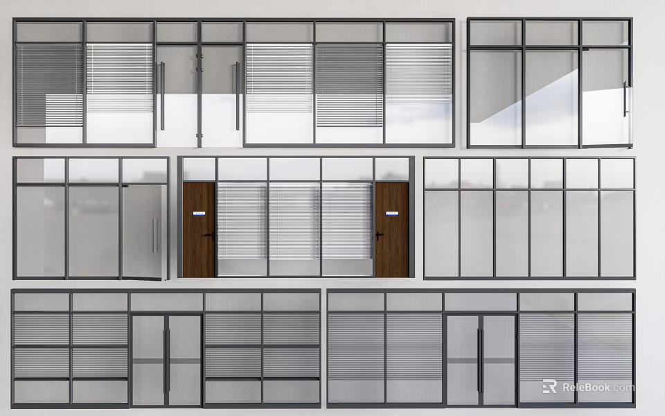 Modern Partition Designs With Glass Panels Wooden Doors And Metal Frames 3d model