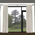White Curtains Hanging On Rod With Green Garden View Featuring Trees And Lawn