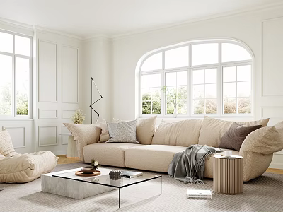 Cozy Modern Living Room Interior With Beige Sofa Throw Pillows Glass Coffee Table And Large Windows 3d model