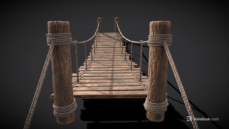 Rustic Wooden Rope Bridge Design With Planks Ropes And Support Posts 3d model 