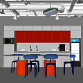 Modern Restaurant Interior With Red Cabinets White Countertop Blue Chairs Long Table Coffee Machine