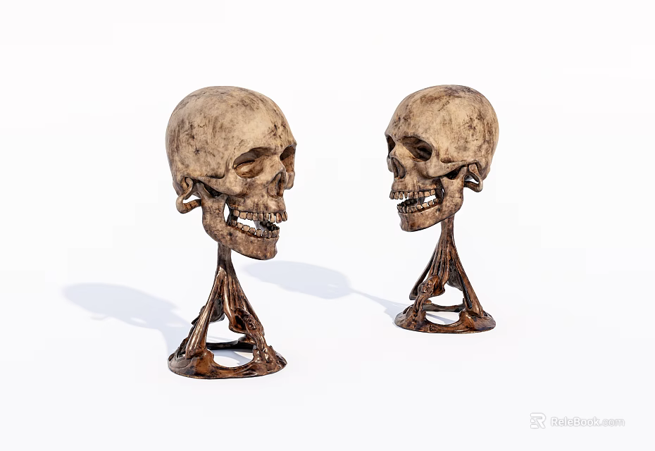 Two Detailed Skull Sculpture Carving With Metal Stand Handcrafted Artwork 3d model 