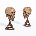 Two Detailed Skull Sculpture Carving With Metal Stand Handcrafted Artwork