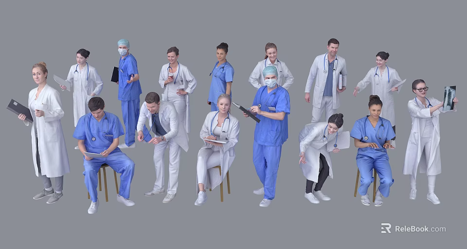 Group of Medical Professionals Standing Sitting and Holding Clipboards in Healthcare Team Setting 3d model 
