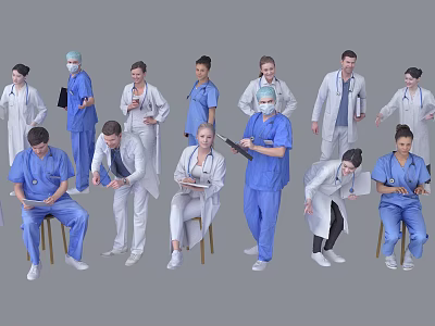 Group of Medical Professionals Standing Sitting and Holding Clipboards in Healthcare Team Setting 3d model