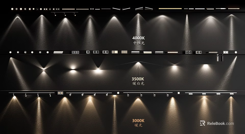 Downlights And Spotlights With Different Color Temperatures 4000K 3500K 3000K Lighting Effects 3d model 